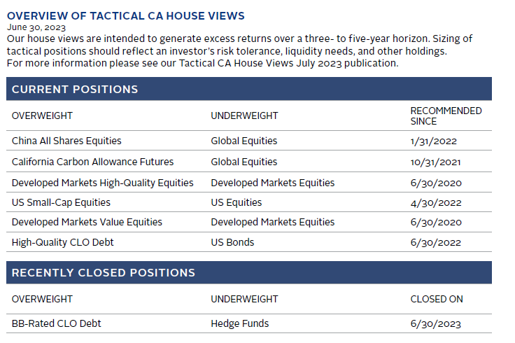 Table summarizing Cambridge Associates' house views on various investment themes and asset classes.